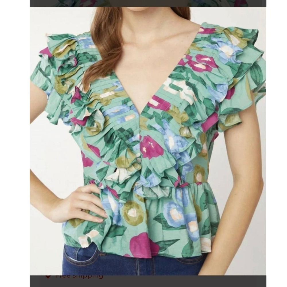 Entro Floral Ruffle V Neck Peplum Top Blouse Mint Green Women's Size L nwt‎